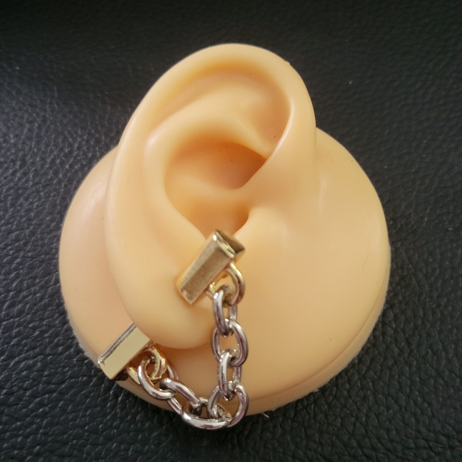 Chunky Two Tone Gold& Silver Industrial Chain & Bar Post Illusion Earrings